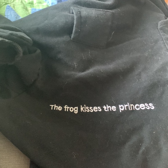 A frog hoodie that has the words “the frog kisses the princess” on it. - Picture 5 of 5